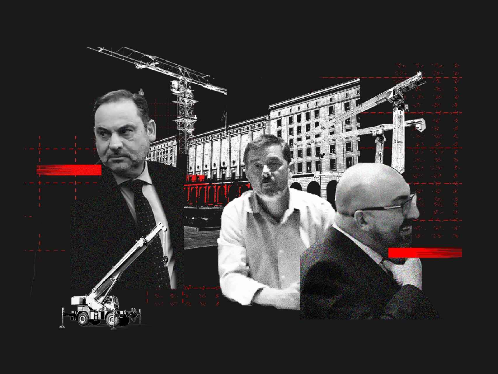 José Luis Ábalos, Antonio Fernández y Koldo García en un fotomonaje con el Ministerio de Transportes de fondo.