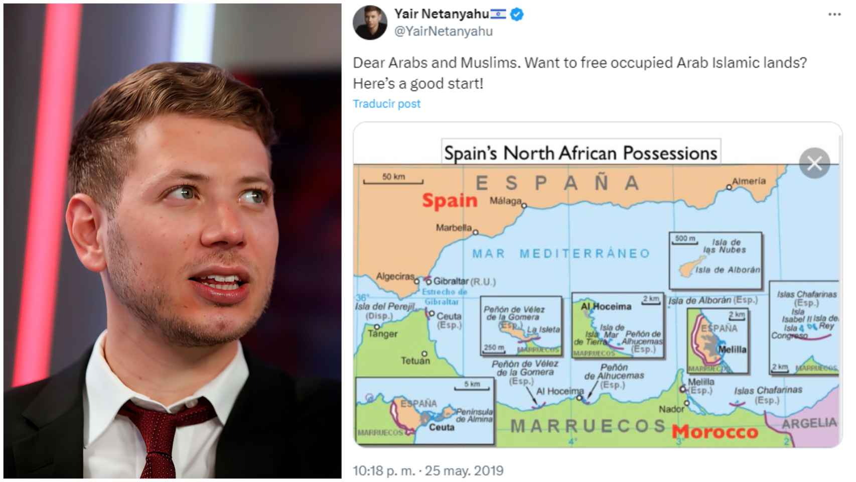 Yair Netanyahu y el tuit que publicó el 25 de mayo de 2019.