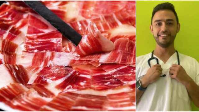 Un plato de jamón ibérico junto al doctor Roberto Méndez.