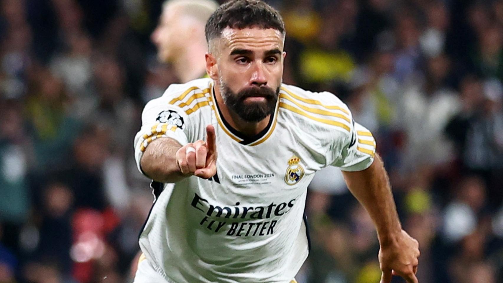 Carvajal celebra su gol en la final de Champions.