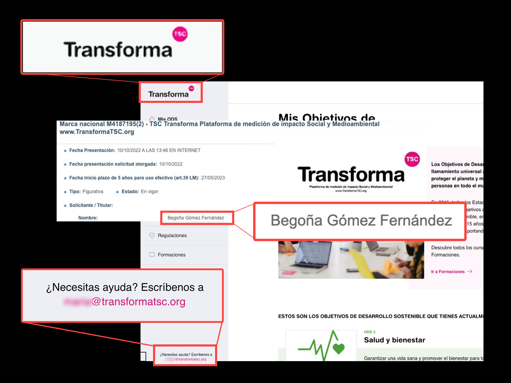 El 'software' de Begoña Gómez y el registro de la marca Transforma TSC en un fotomontaje.
