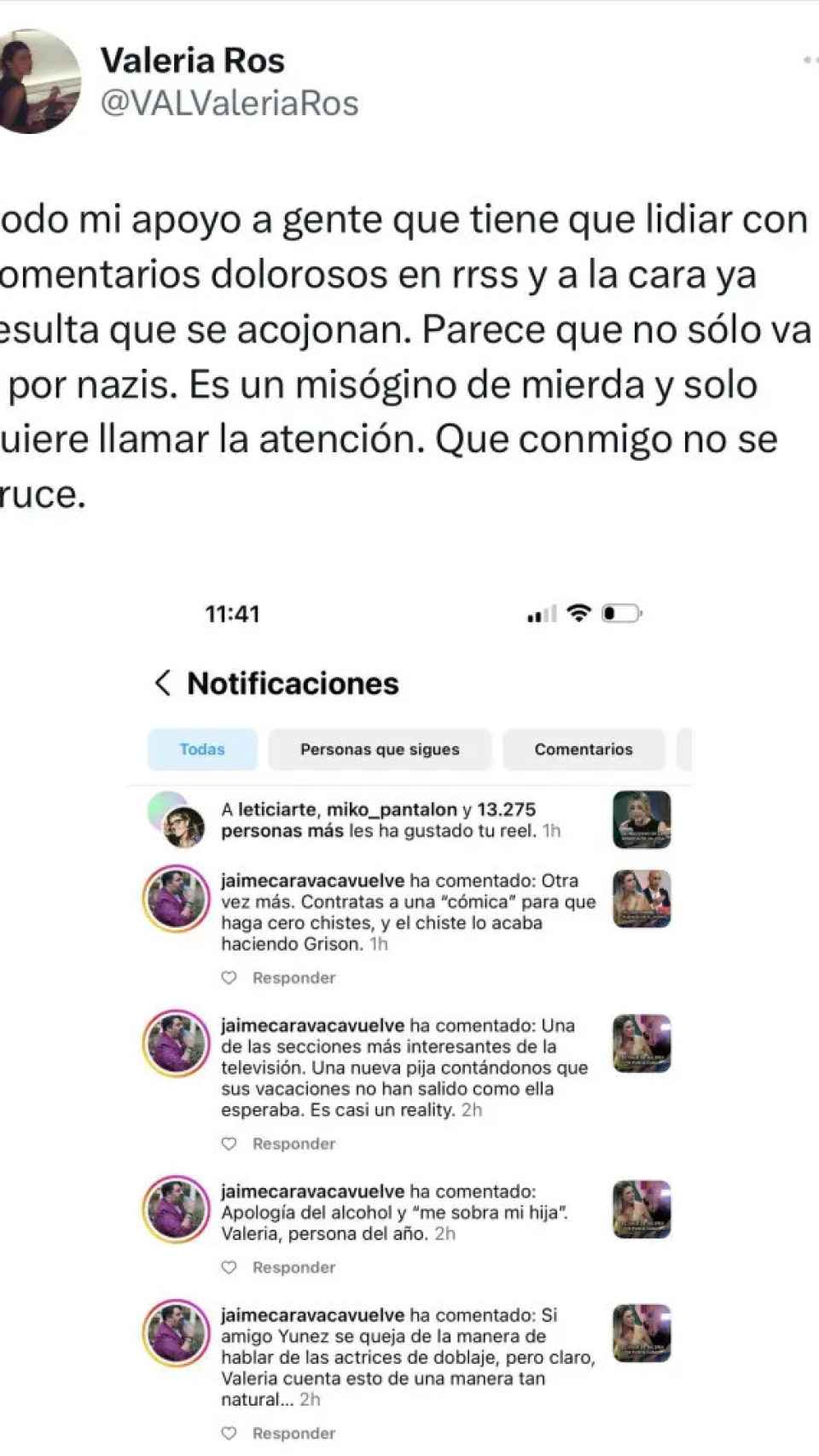 Pantallazo del post Valeria Ros en X.
