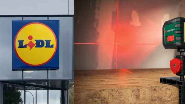 Cartel de Lidl y un láser de líneas cruzadas.