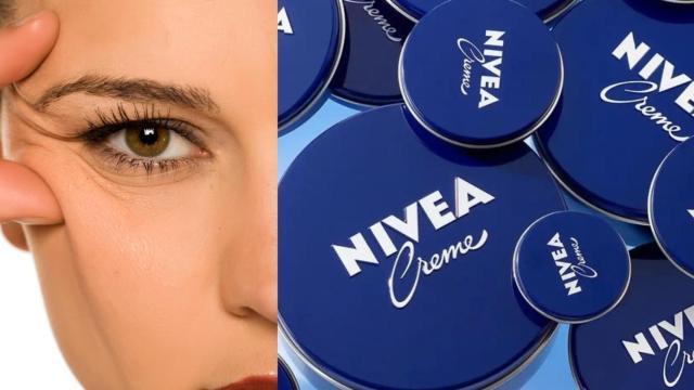 Rostro con patas de gallo y crema Nivea.