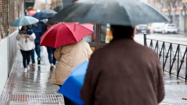 Varias personas con paraguas por la calle.