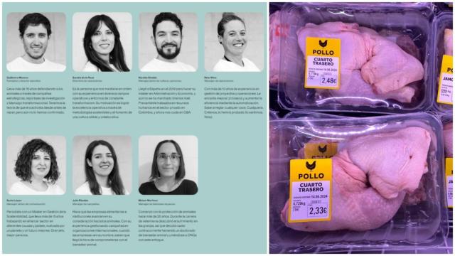 Parte del equipo de la ONG Observatorio de Bienestar Animal, y a la derecha, las muestras del pollo analizado.