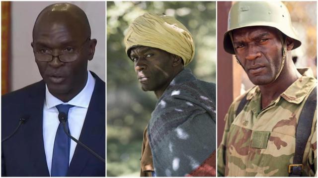 Emilio Buale, durante su intervención ante Felipe VI y en caracterizado en dos papeles de diferentes películas.