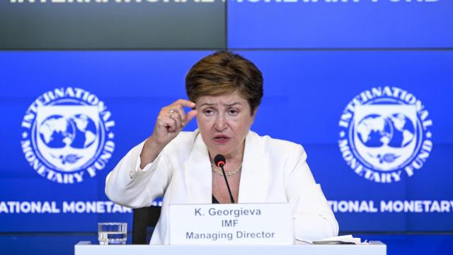 La directora gerente del FMI, Kristalina Georgieva, durante su rueda de prensa de este jueves en Luxemburgo