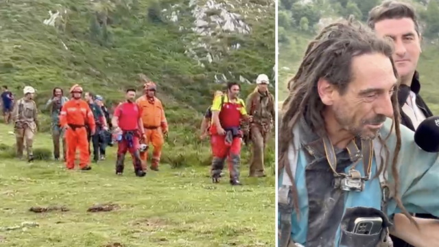 Momento en el que los espeleólogos desaparecidos salen de la cueva.