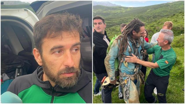 En la izquierda, Pablo Fernandéz, durante una primera conversación con EL ESPAÑOL y otros medios. En la derecha, Alfonso Urritia, al término del rescate.