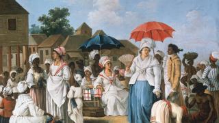 Agostino Brunias: 'Mercado de ropa, Santo Domingo', h. 1775. Colección Carmen Thyssen