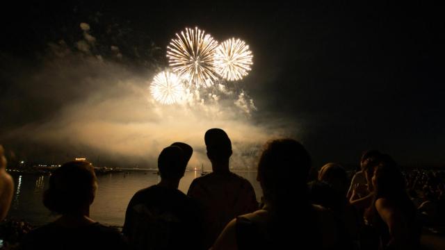 Fuegos artificiales desde una playa.