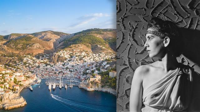 Vista aérea de Hidra, Grecia, en 2018. Foto: dronepicr (CC BY 2.0). A la derecha, Charmian Clift retratada en 1941 por Frederick Stanley Grimes, ACP Magazines. Foto: State Library of New South Wales