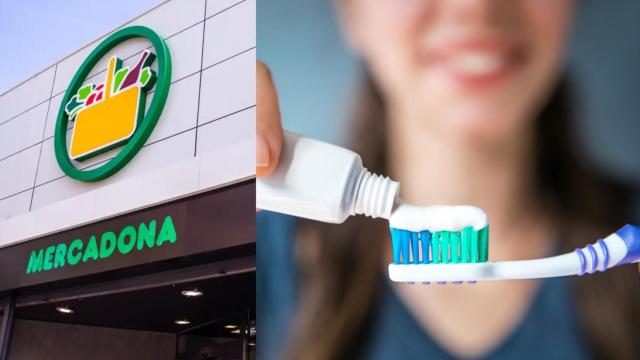 Supermercado Mercadona y pasta de dientes sobre un cepillo.