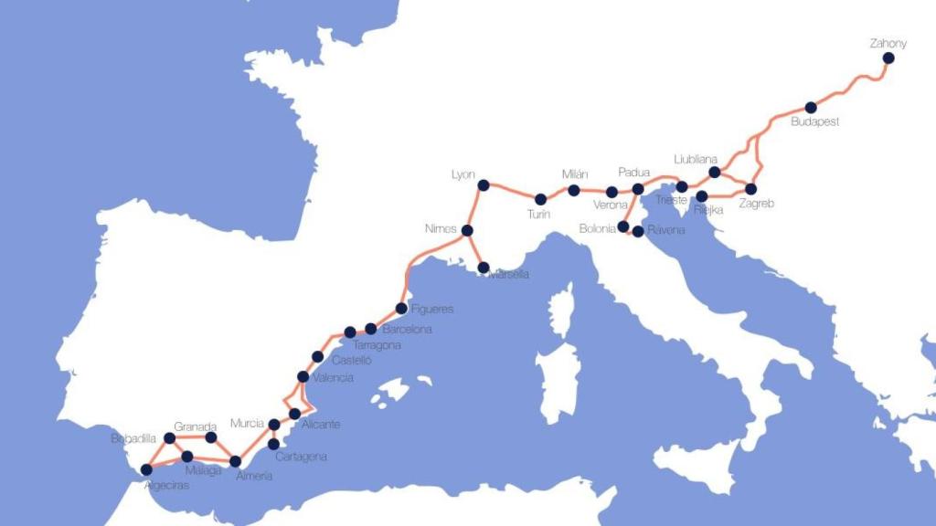 Mapa del futuro Corredor del Mediterráneo.