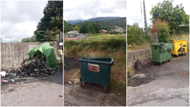 Contenedores quemados en Ponteareas.