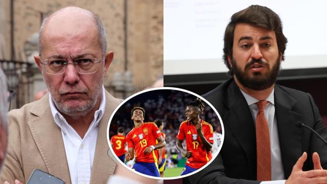 El procurador Francisco Igea, el vicepresidente de la Junta, Juan García-Gallardo, y en el centro los jugadores de la selección Nico Williams y Lamine Yamal