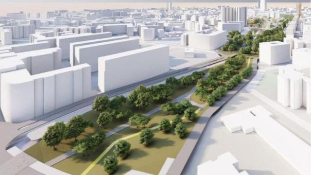 Croquis de la integración de la Nueva Estación Intermodal de Alicante en el Parque Central.