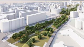 Croquis de la integración de la Nueva Estación Intermodal de Alicante en el Parque Central.