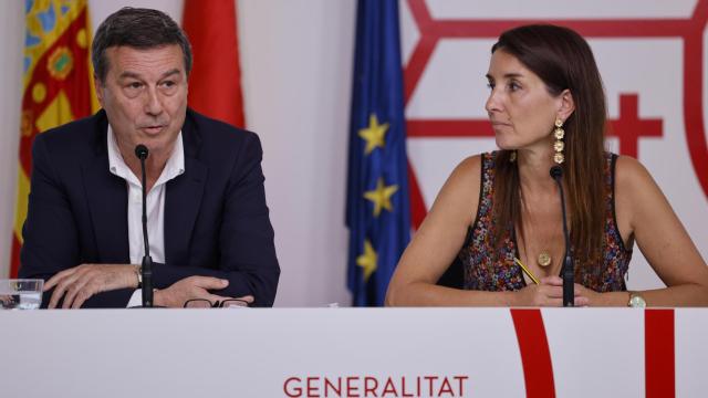 Marciano Gómez y Ruth Merino, en la rueda de prensa del pleno del Consell