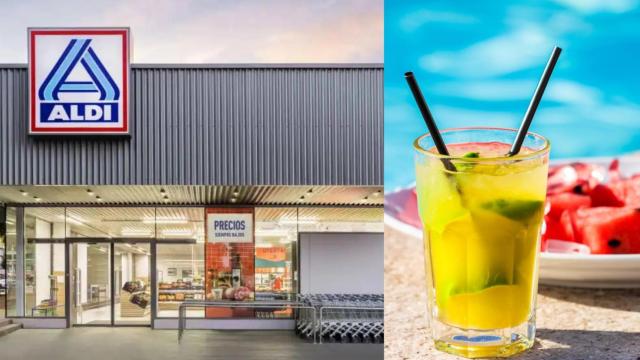 Centro comercial de Aldi y frutas y bebida frías.