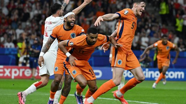 Los jugadores holandeses celebran el segundo gol.