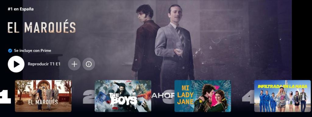 Captura del ranking de los títulos de ficción más vistos de Prime Video a fecha del 11 de julio.