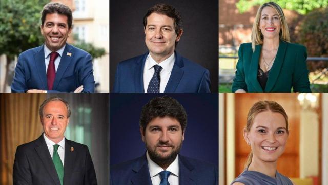 Carlos Mazón (Comunidad Valenciana), Alfonso Fernández Mañueco (Castilla y León), María Guardiola (Extremadura), Jorge Azcón (Aragón), Fernando López Miras (Murcia) y Marga Prohens (Baleares).