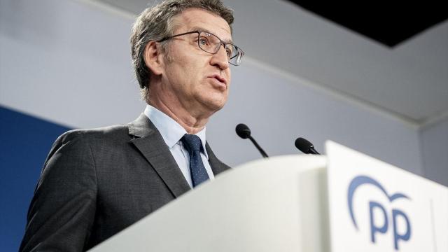 El presidente nacional del PP, Alberto Núñez Feijóo, este viernes en rueda de prensa en la sede de la calle Génova.
