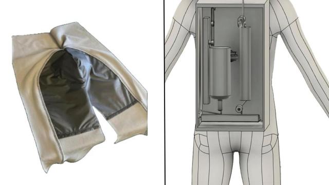 La ropa recolectora de orina (izqda) y el sistema (dcha).