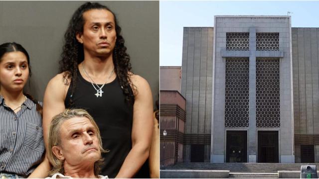 En la izquierda, Nacho Cano posa junto a dos de los supuestos becarios. En la derecha, la parroquia del centro de Madrid en la que ensayaban cada día.