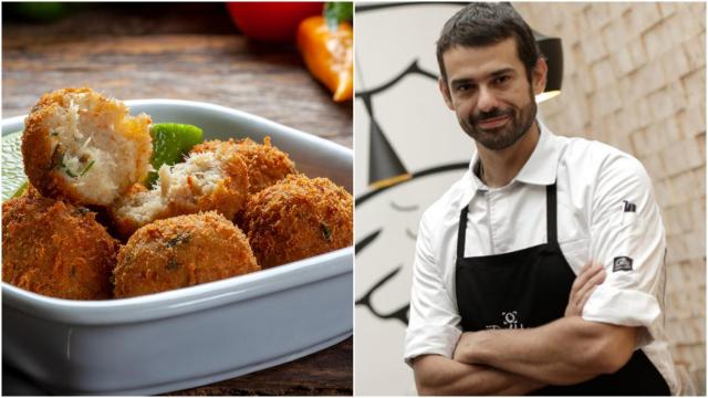 El chef Enrique Sánchez junto a un plato de croquetas caseras.