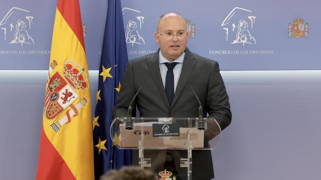 Miguel Tellado, portavoz del PP en el Congreso, durante la rueda de prensa concedida este martes