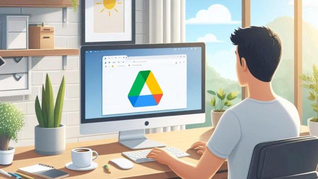 Ilustración de una persona usando Google Drive en un ordenador