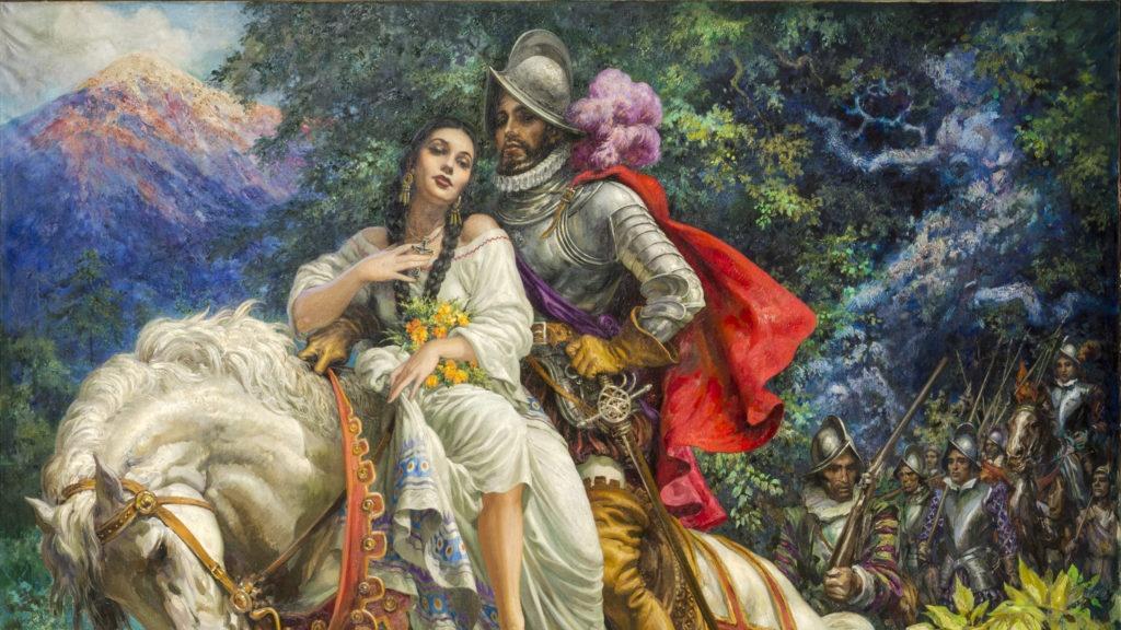 Pintura de Hernán Cortés y Malinche.