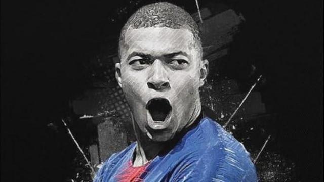 Detalle de un póster de Mbappé