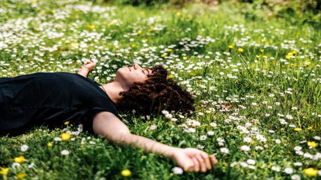 Mujer tumbada en la hierba.