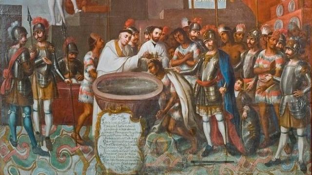 Pintura del siglo XVIII de José Vivar y Valderrama que representa el bautizo de los aliados indígenas de Hernán Cortés.