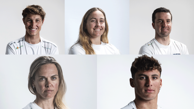 De izquierda a derecha y de arriba abajo, Florian Trittel, Pilar Lamadrid, Joaquín Blanco, Tara Pacheco y Nacho Baltasar, miembros del equipo de vela español que competirá en los Juegos Olímpicos de París. Foto: Real Federación Española de Vela