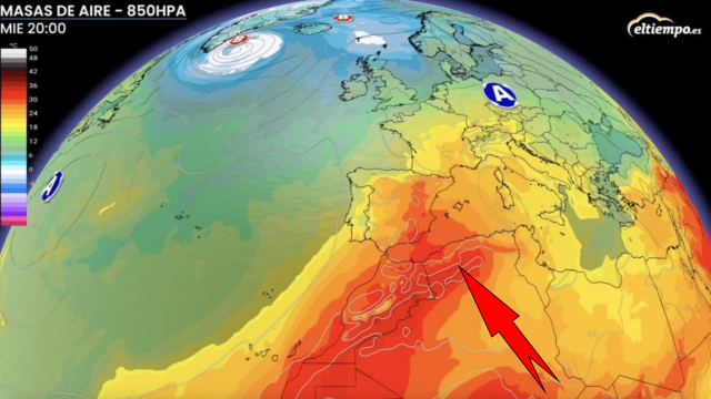 Las masas de aire cálido ascendiendo desde África que nos afectarán al final del episodio. ElTiempo.es.