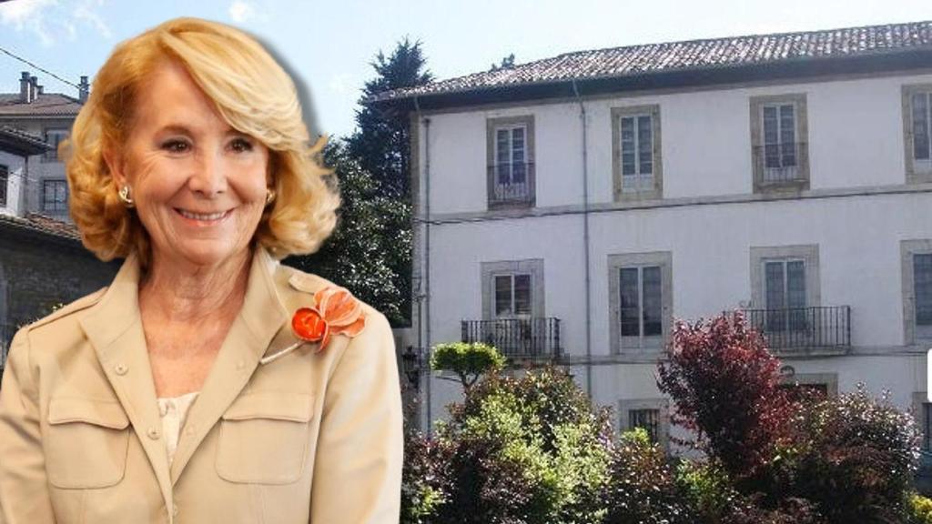 Esperanza Aguirre junto al palacete de su suegra, en un montaje de JALEOS.