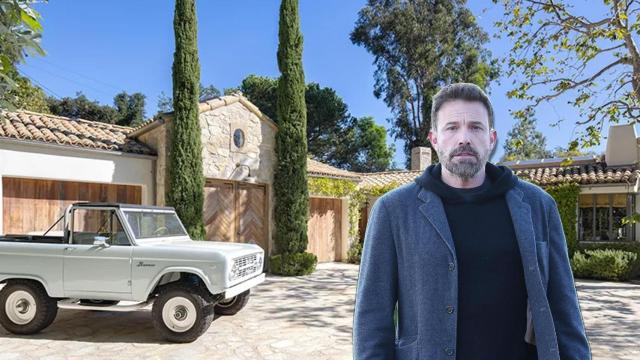 Ben Affleck en un fotomontaje junto a su nueva vivienda.
