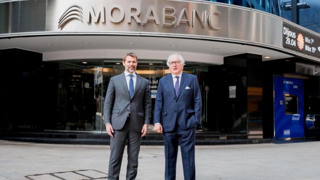 El consejero delegado de MoraBanc (izq), Lluis Alsina, y el presidente, Juan María Nin.