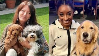 A la izquierda, Begoña Maronza con algunos de los perros de Yaracan. A la derecha, Simone Biles y Beacon.