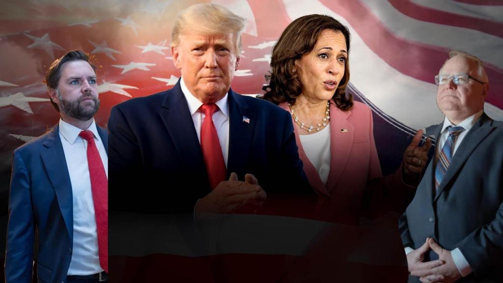 Donald Trump, junto a su vicepresidente J.D. Vance, y Kamala Harris, con su homónimo Tim Walz