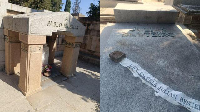 Las tumbas vandalizadas de los políticos de principios del siglo XX, el fundador de UGT Pablo Iglesias y el socialista Julián Besteiro.