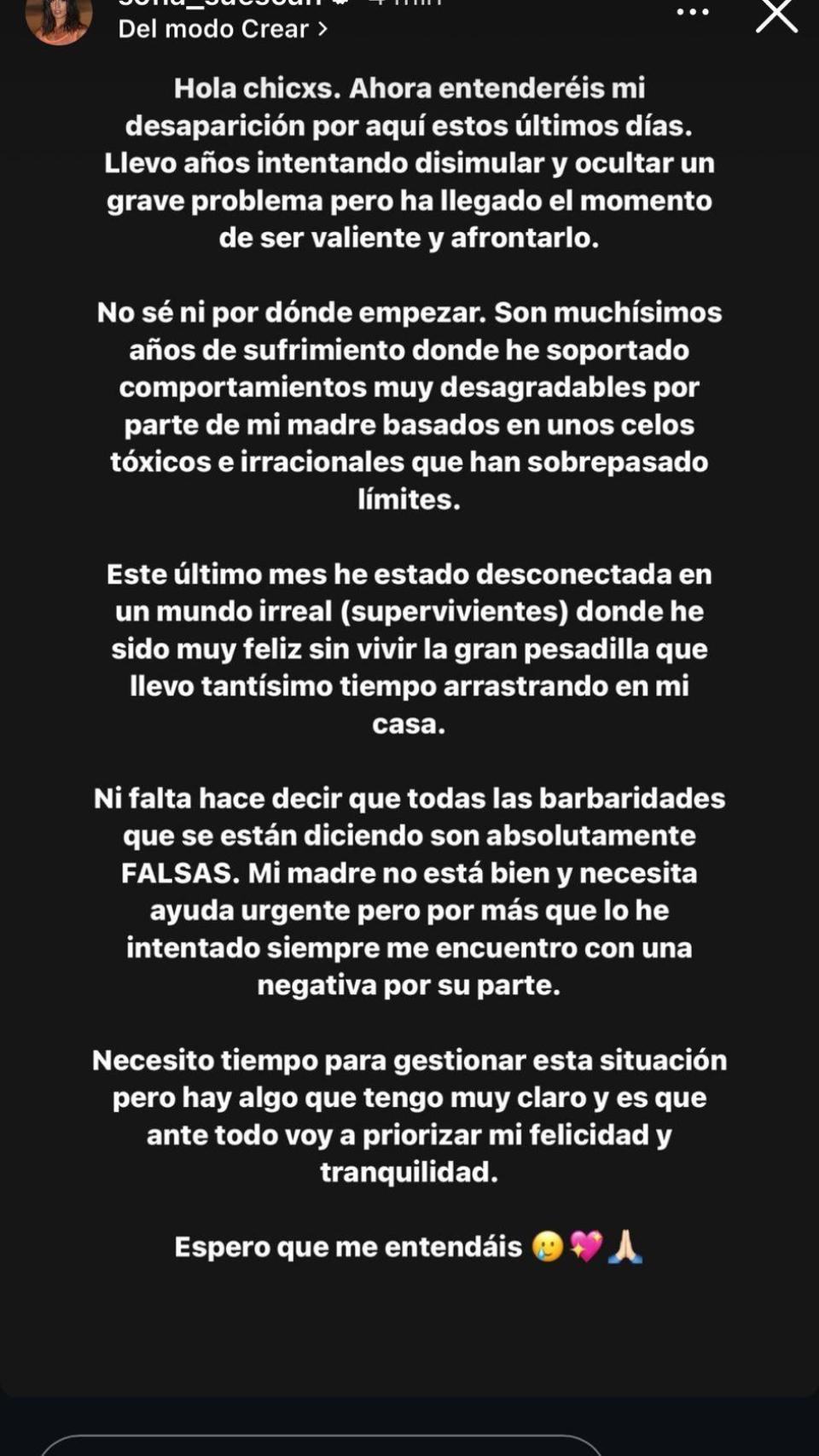 Pantallazo de la historia de Sofía Suescun en su cuenta de Instagram.
