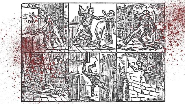 Relación de los horrorosos crímenes y desgracias que ha habido en esta ciudad, en los meses de mayo y junio de 1852. Grabado del 'Romance de Pedro Cebrián'. Imprenta de Ignacio Estivill, Barcelona, 1852. Reproducido en 'Crímenes pregonados', de Rebeca Martín (editorial Contraseña).