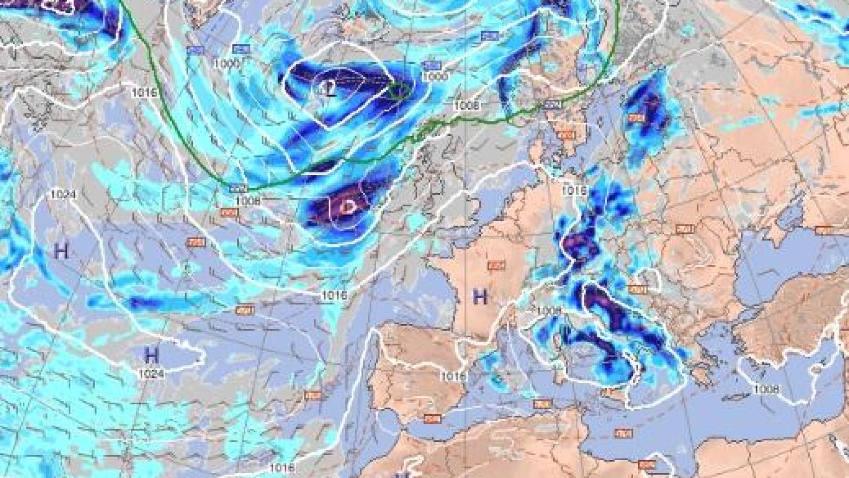 El mapa de Europa con la borrasca con las tormentas aproximándose a España.