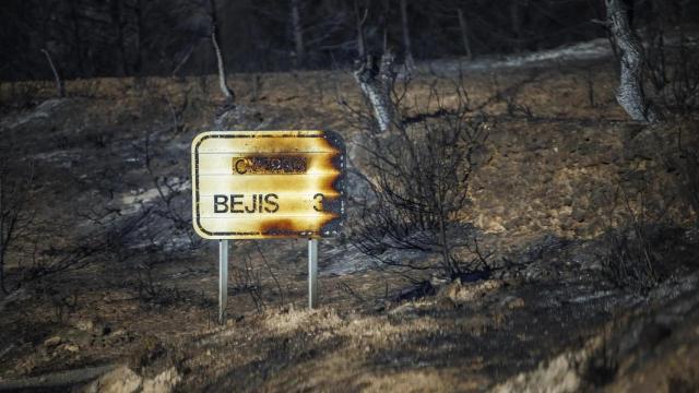 Imagen de archivo de la carretera que une las localidades castellonenses de El Toro y Torás, con los alrededores calcinados debido al incendio forestal que se declaró en el término municipal de Bejís. Efe / Biel Aliño